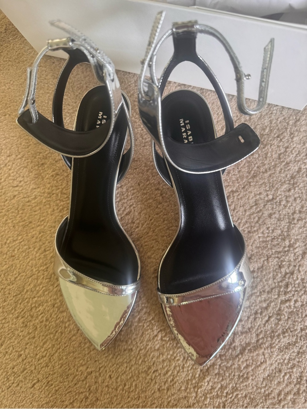 Isabel Marant Silver Metallic Pointed-Toe Ankle-Strap Heels